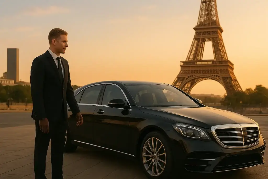 Luxury Mercedes S-Class parked in front of the Eiffel Tower — premium chauffeur vehicle in Paris.