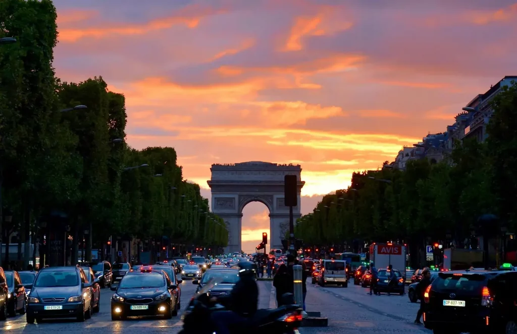 Private driver in Paris driving a luxury Mercedes near the Eiffel Tower.