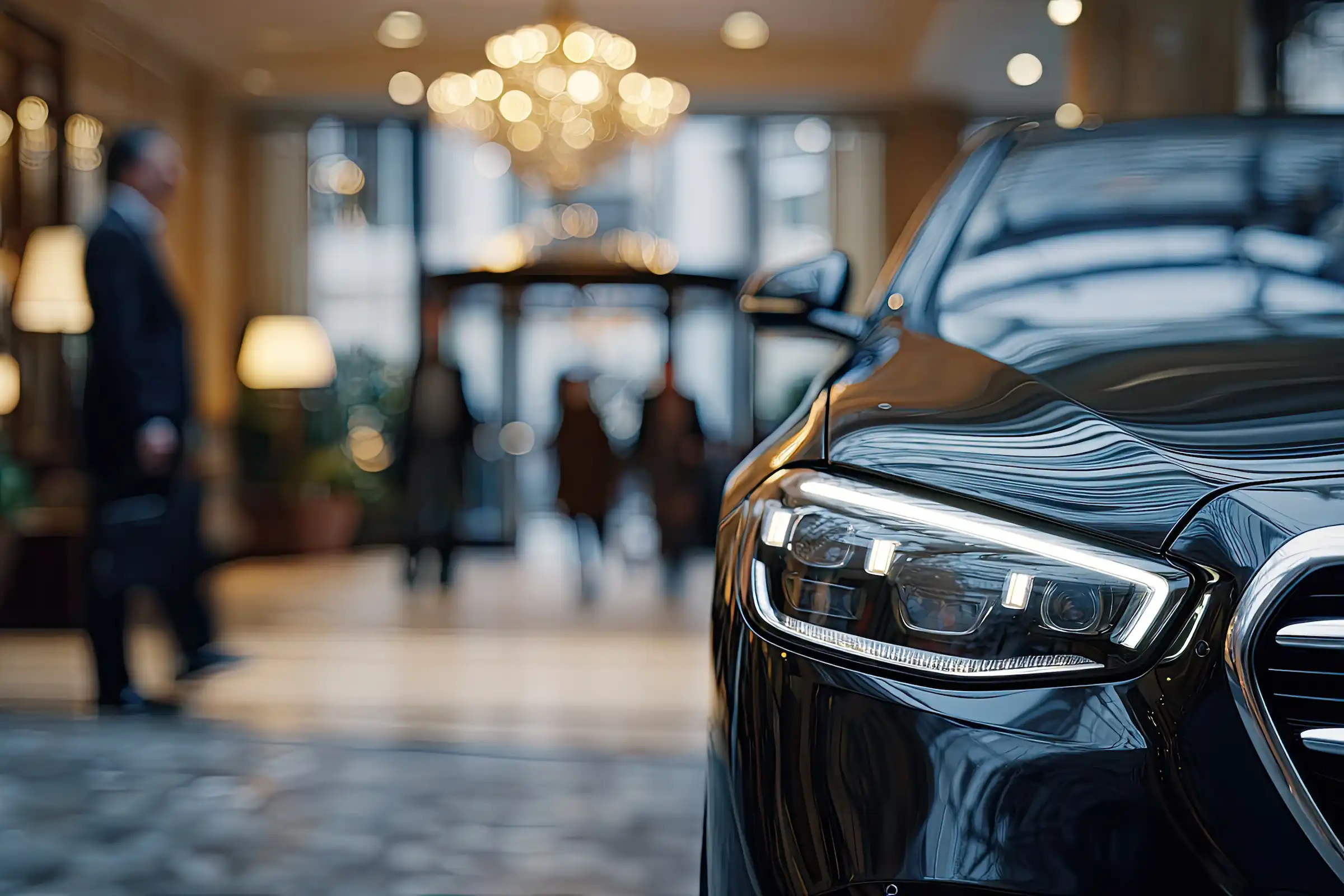 Black luxury sedan at hotel entrance with professional chauffeur