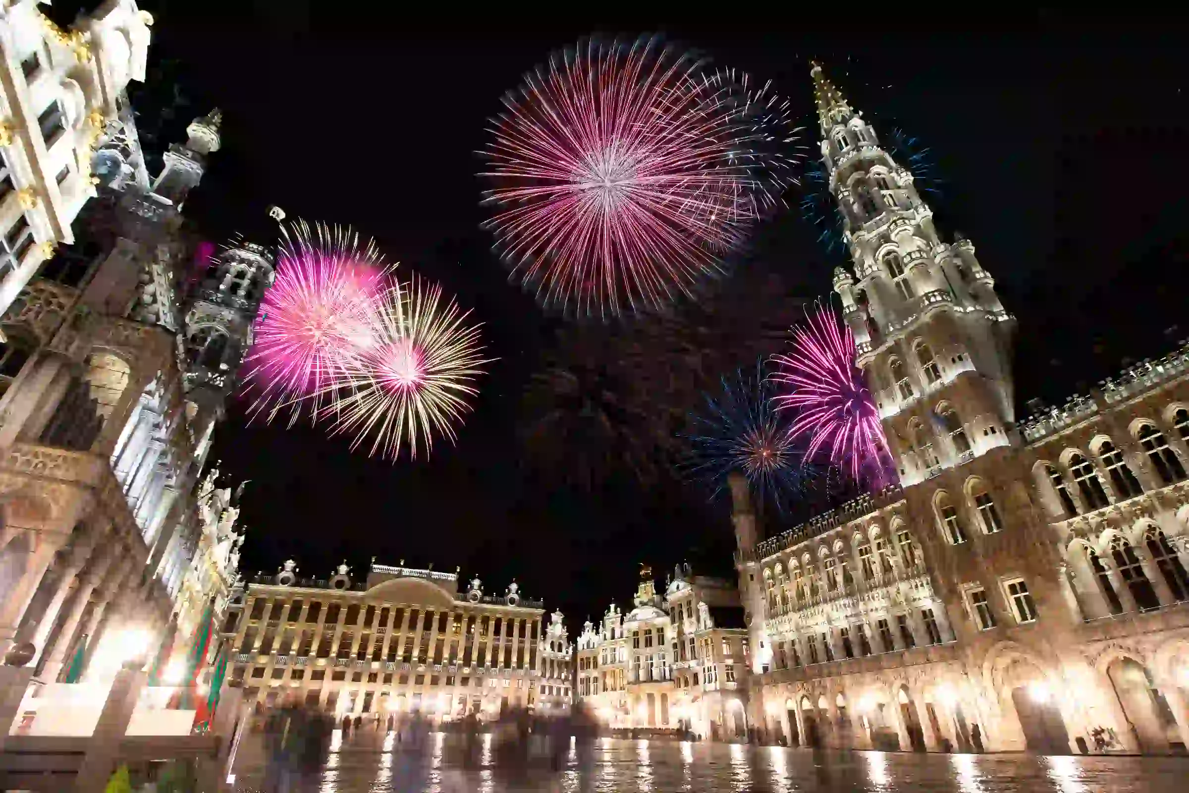 Grand Place Brussels by night — fireworks and gala celebrations